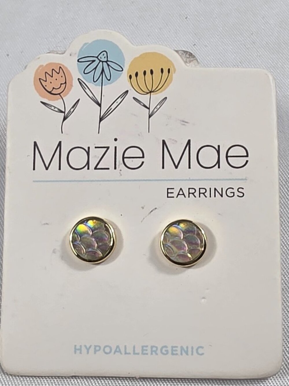 Mazie Mae Mermaid Stud Earrings Iridescent Mermaid Scale Pattern in Gold Frame